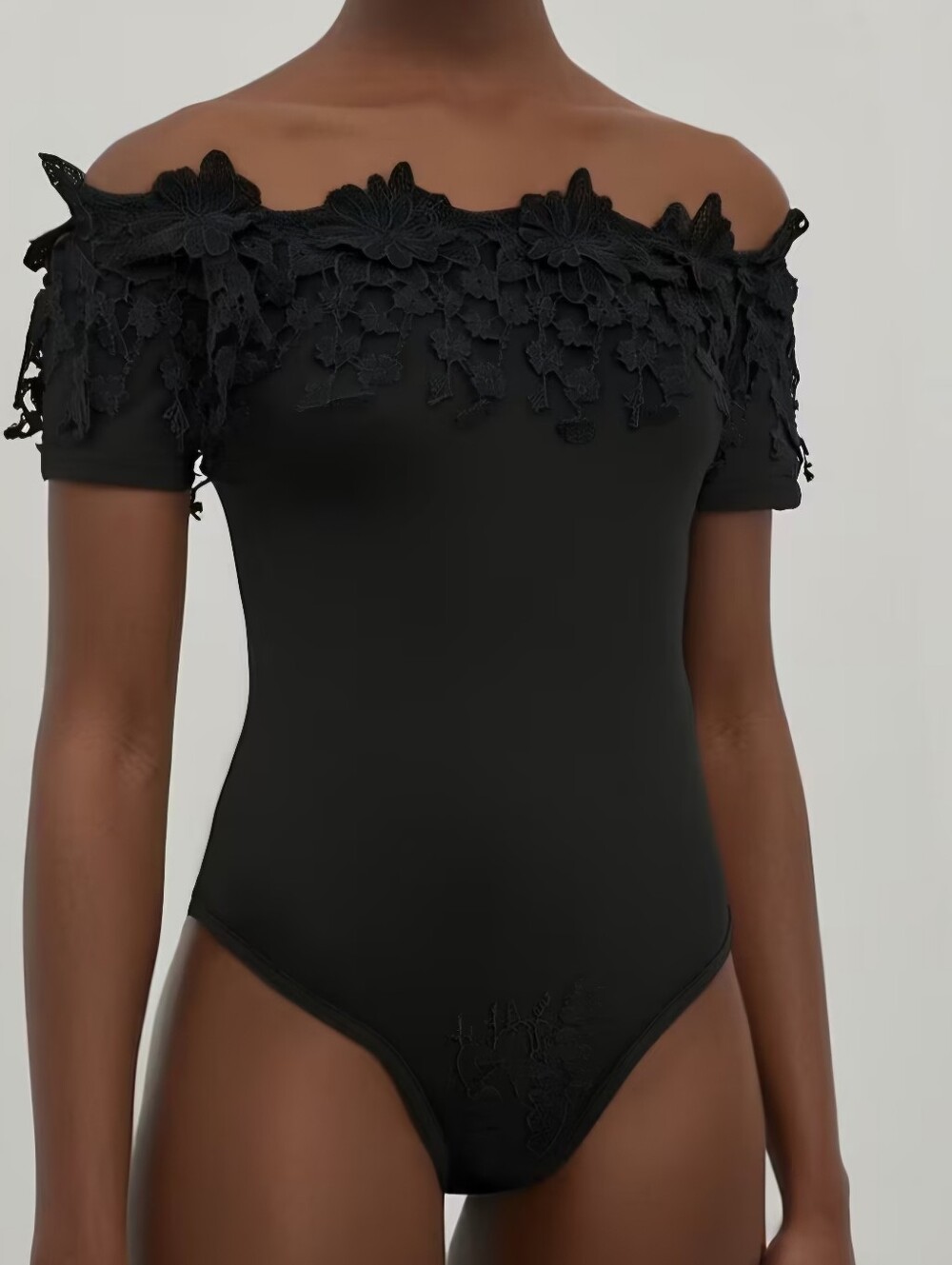 Black Off-Shoulder Lace-Trim Bodysuit Fits Sizes XS-S. Brand New